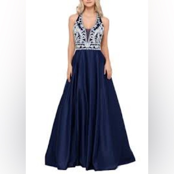 NWT Blondie Nites Navy Formal Dress With Embroidered V-Neck Bodice